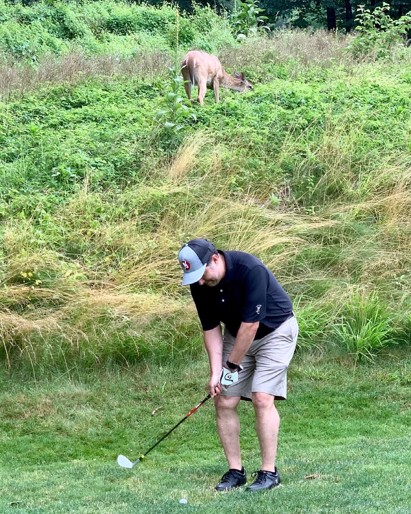 Chef @chefmikeanthony @gramercytavern is trying to concentrate on making this very difficult chip shot on to the green, but can&rsquo;t help being distracted by the venison right behind him which he could surprise @chef_alexlee with @alpinecountryclu
