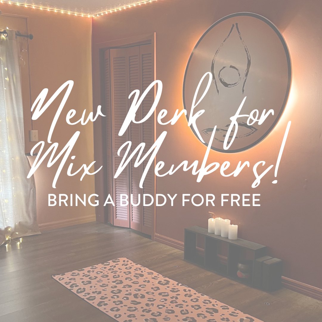✨New Perk Alert!✨⁠
⁠
Starting Monday, Nov 11, Mix Membership Students can bring a buddy for FREE once every 4 weeks to share in the Yoga Mix magic. 🧘&zwj;♀️✨ ⁠
⁠
Yoga Mix is a place for everyone to grow, flow, and feel at home. Whether it's a friend