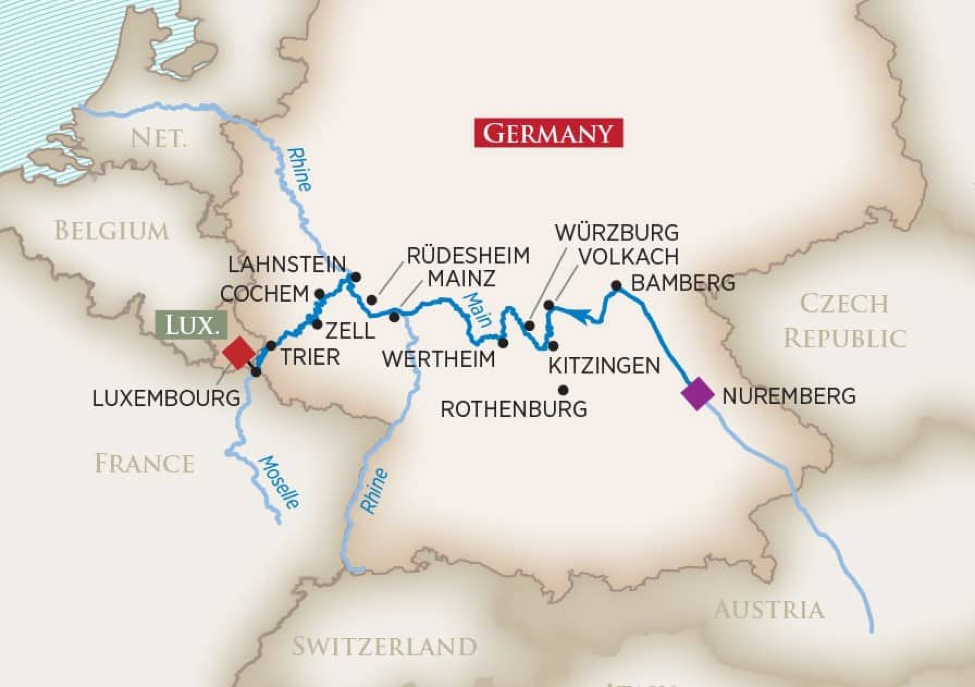 Moselle River route from Luxembourg to Nuremberg (click to enlarge)