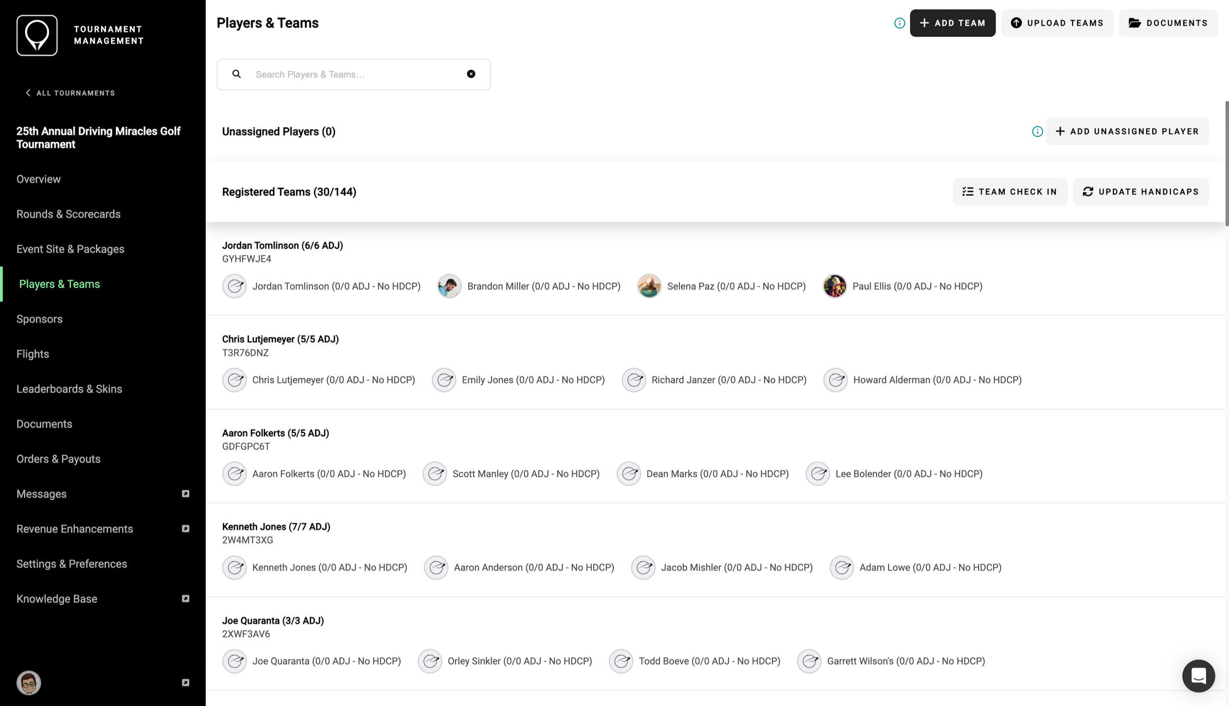 A screenshot of the Players and Teams screen in the GolfStatus Software.