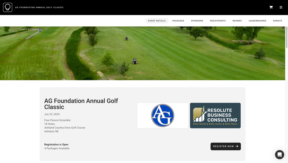 A screenshot of an event website for a small charity golf tournament.