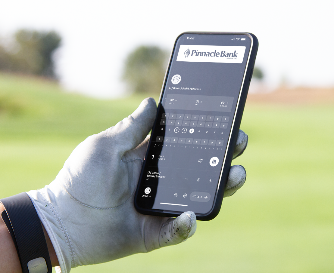 A smartphone displays a mobile scorecard for a virtual golf fundraiser.