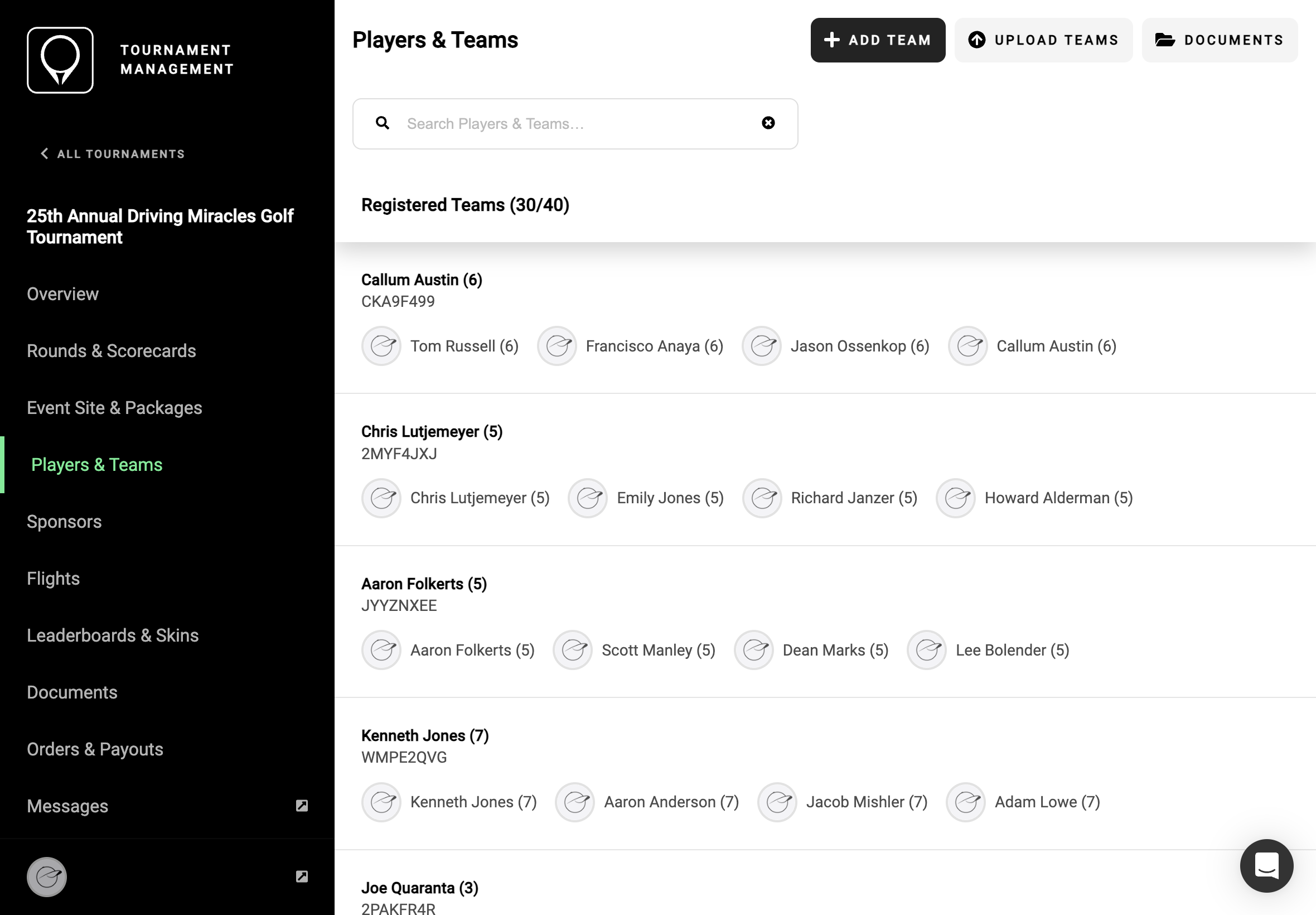 A screenshot of the GolfStatus software showing registered players.