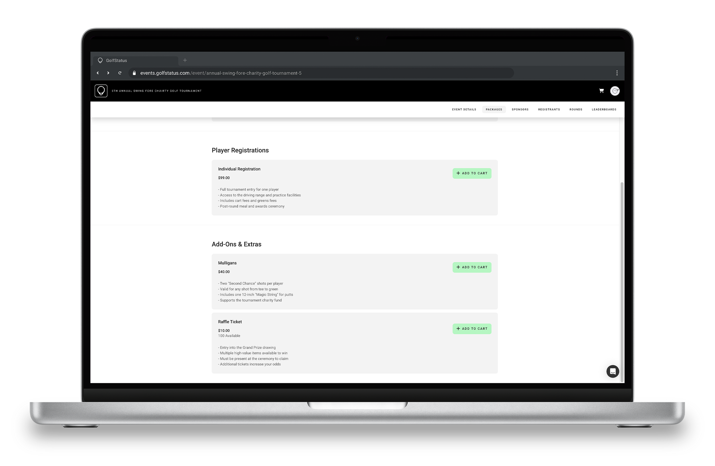 An event website screenshot showing a package to buy mulligans is display on a laptop computer.