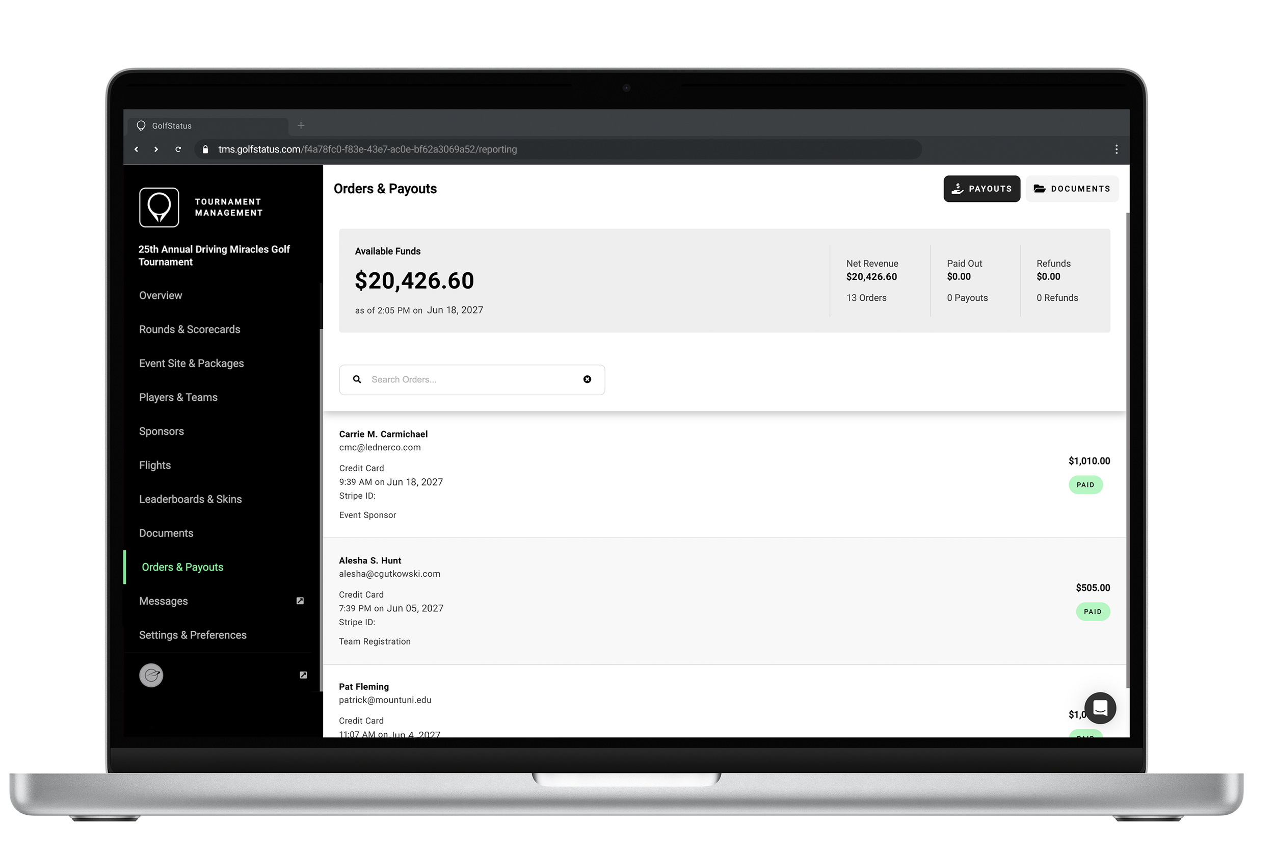 A screenshot showing GolfStatus' golf tournament software's orders and payouts screen on a laptop computer.