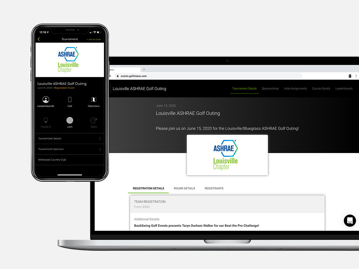 A laptop and smartphone showing Louisville ASHRAE’s golf tournament event website.