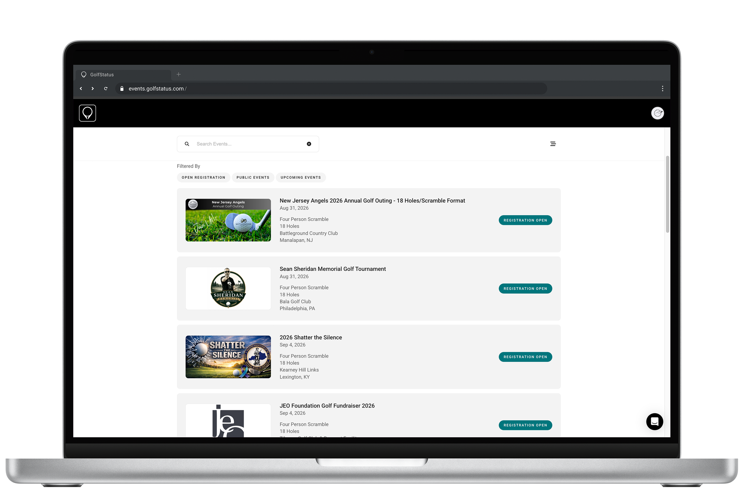 A listing of golf tournaments powered by GolfStatus' golf tournament management software is displayed on a laptop computer.