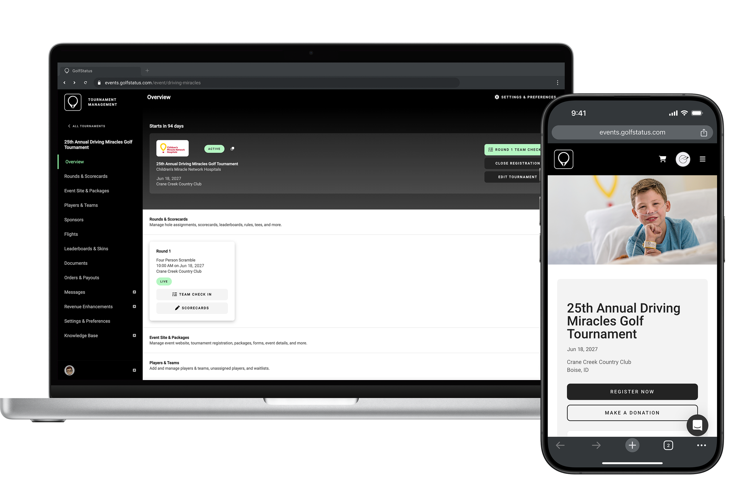 A screenshot showing GolfStatus' tournament management software on a laptop and an event website on a mobile phone.
