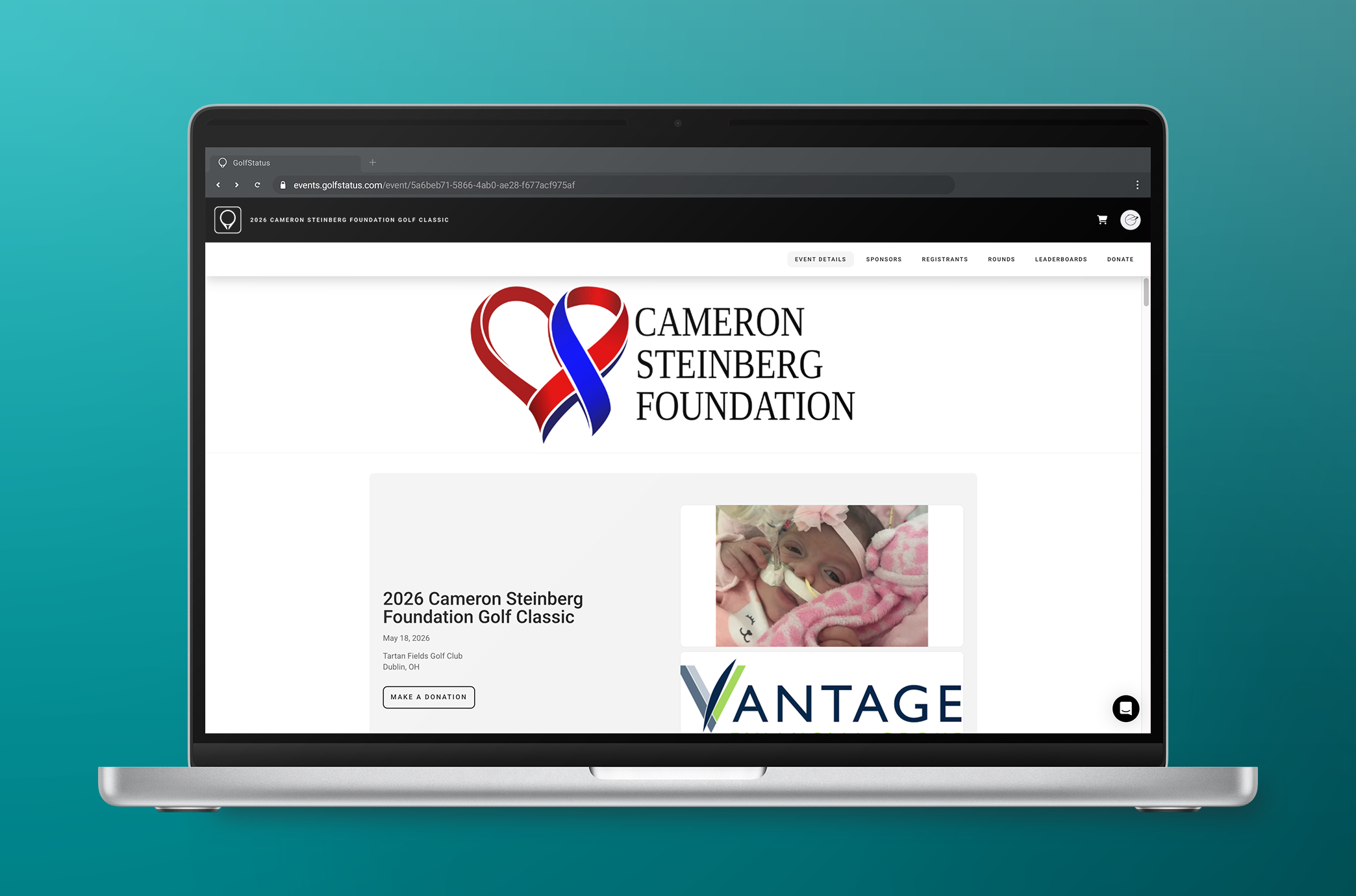 The homepage of the Cameron Steinberg Foundation’s charity golf tournament website is displayed on a laptop computer.