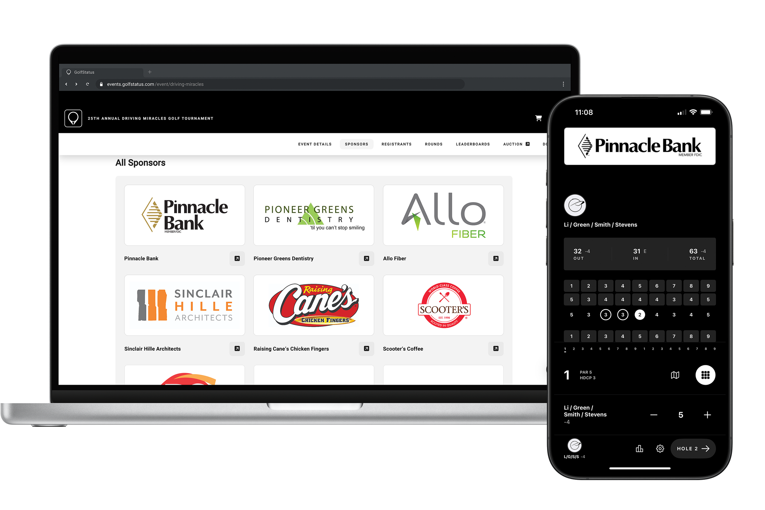 A screenshot of sponsor logos on an event website powered by GolfStatus, plus a mobile scorecard with a sponsor logo on a phone.