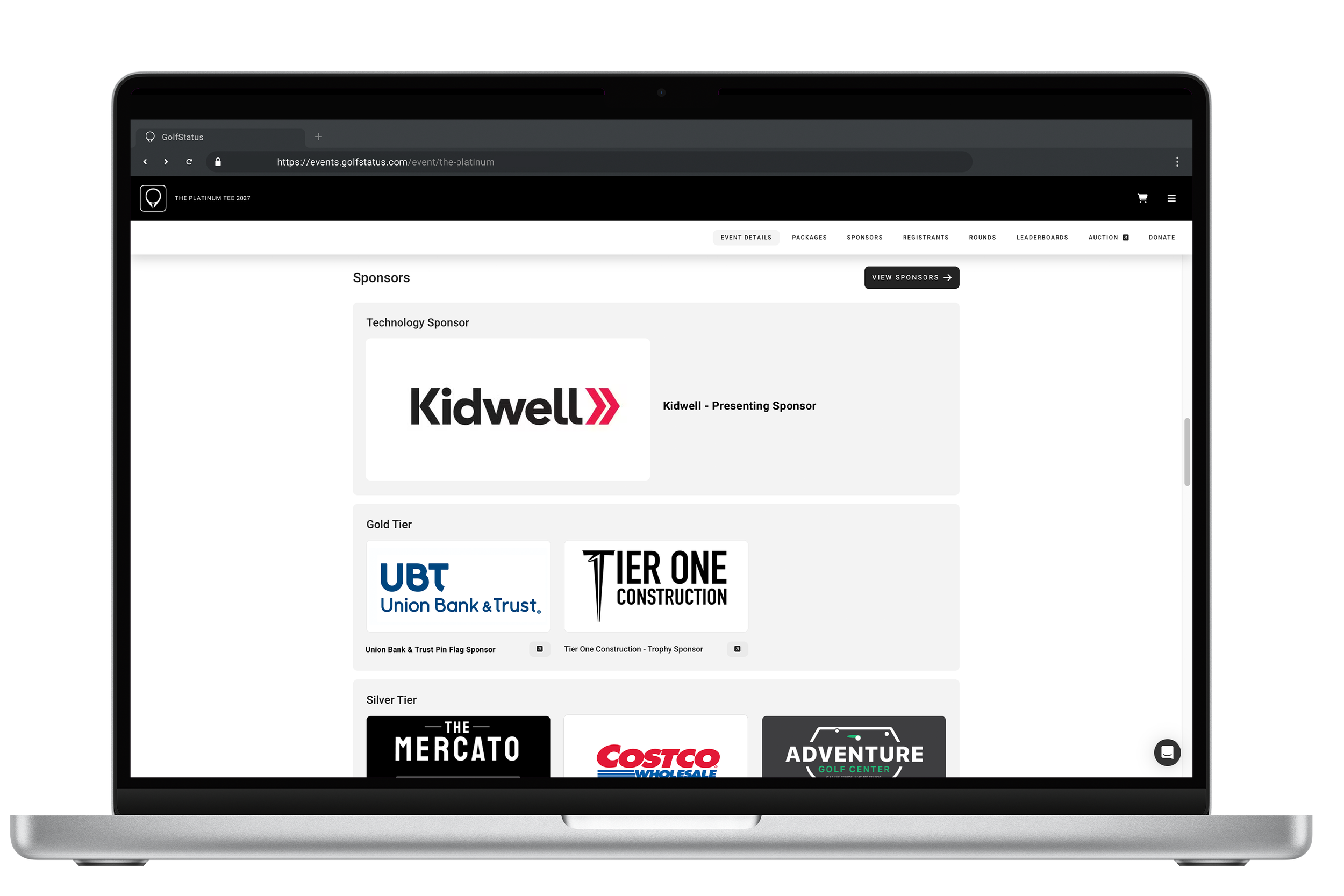 A screenshot of sponsorship tiers on an event website powered by GolfStatus on a laptop computer.