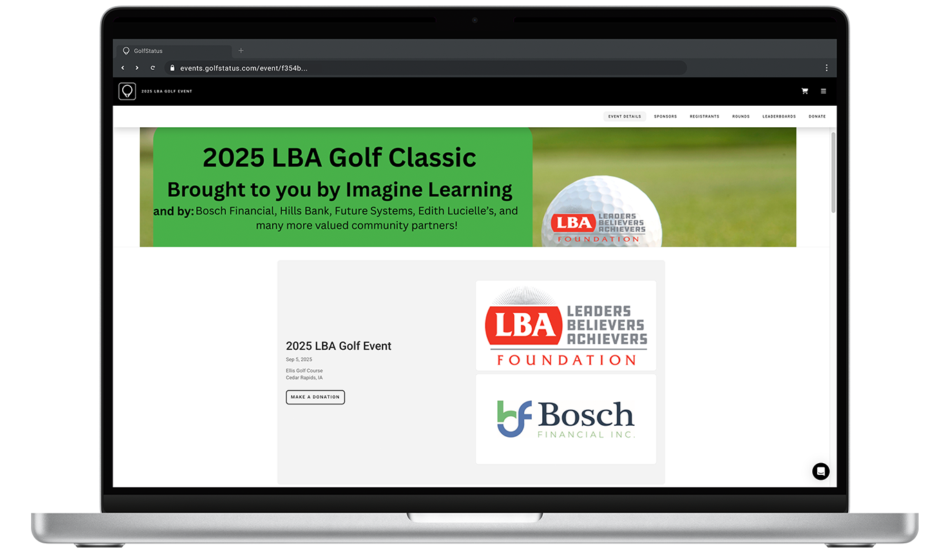 The home page of the LBA Foundation Golf Classic, an outside outing at Ellis Golf Course, is displayed on a computer screen.