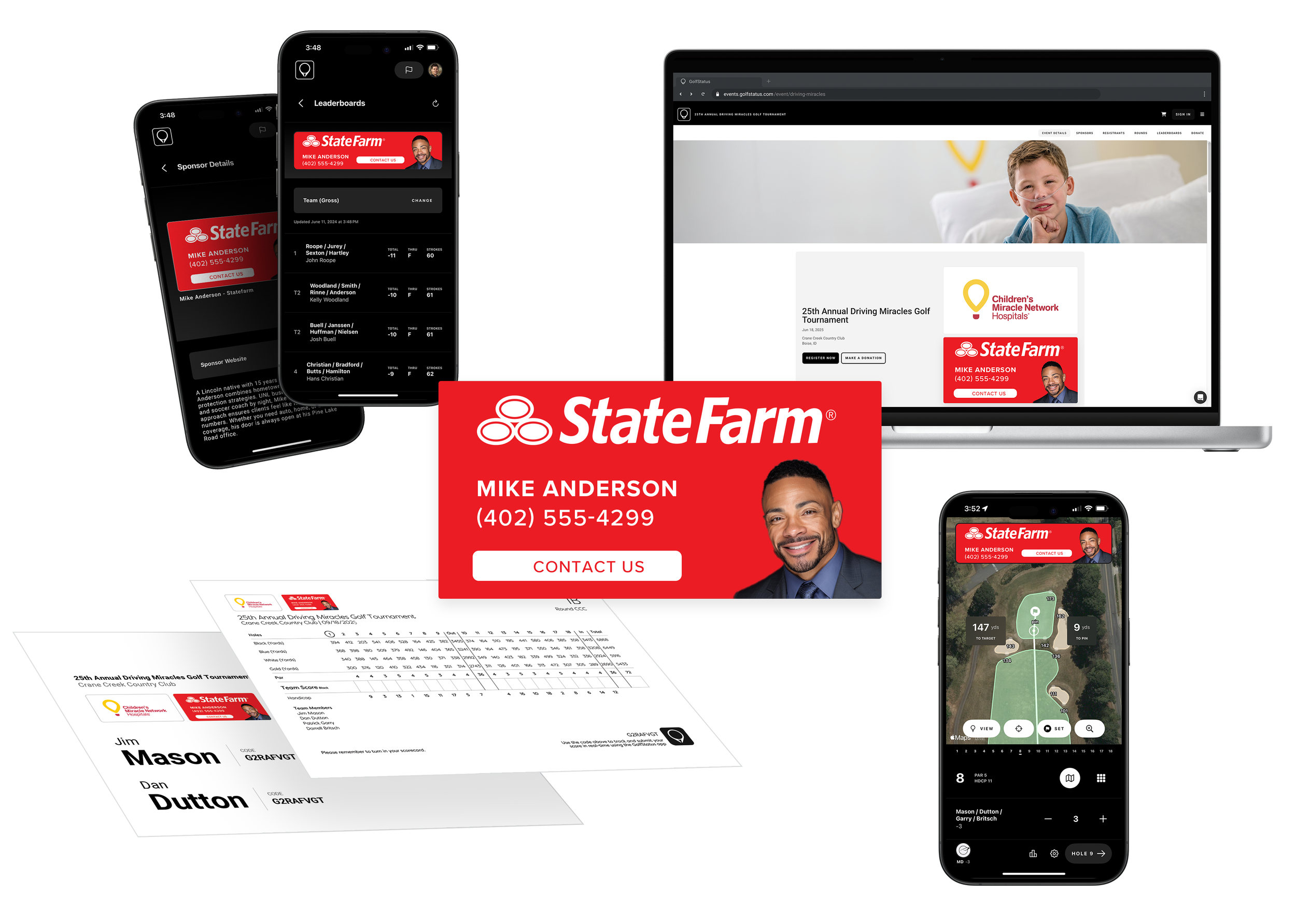 Graphics showing the Technology Sponsorship exposure in the GolfStatus platform, with logos on the event website, mobile app, and cart signs.
