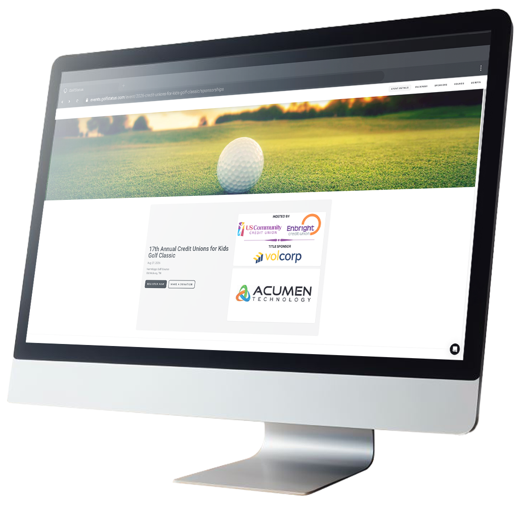 The homepage of the Credit Unions for Kids Golf Classic is shown on a computer monitor.
