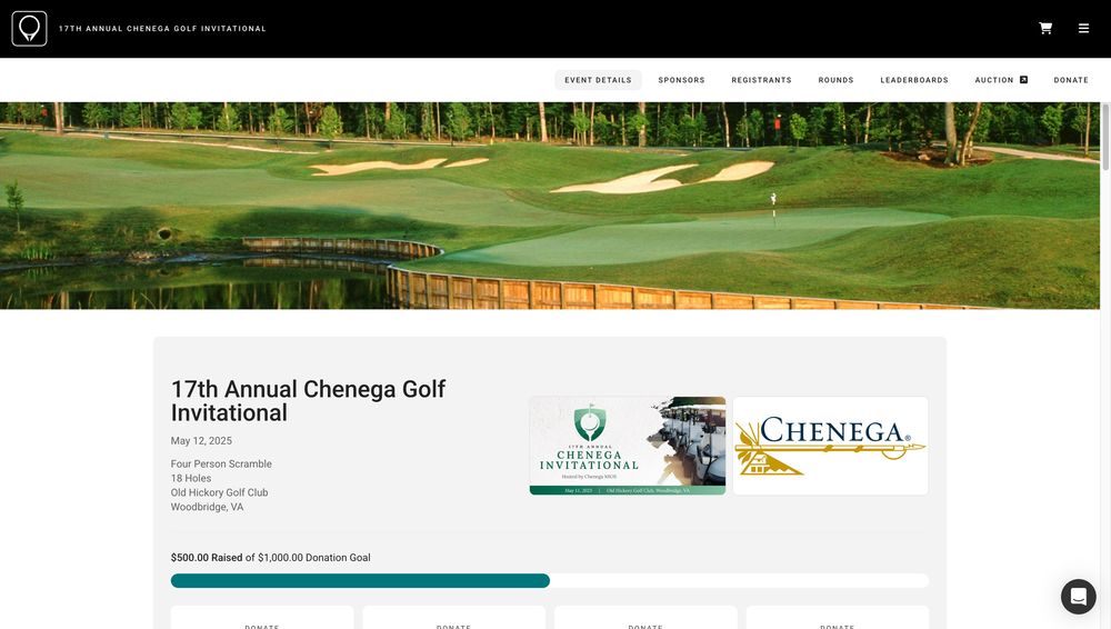 A screenshot of an event website for a mid-sized charity golf tournament.