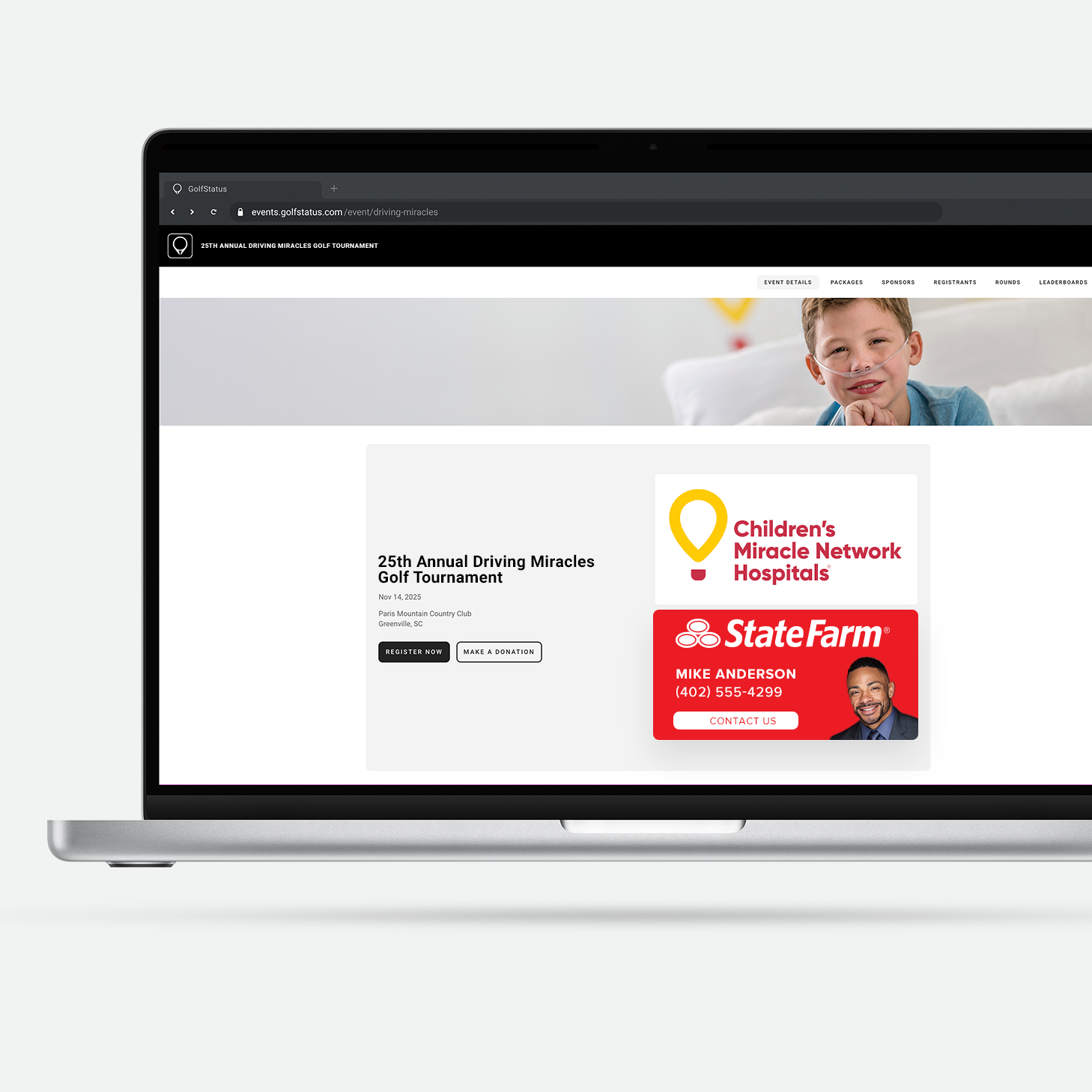 A screenshot of a golf tournament website powered by GolfStatus is shown on a laptop computer.