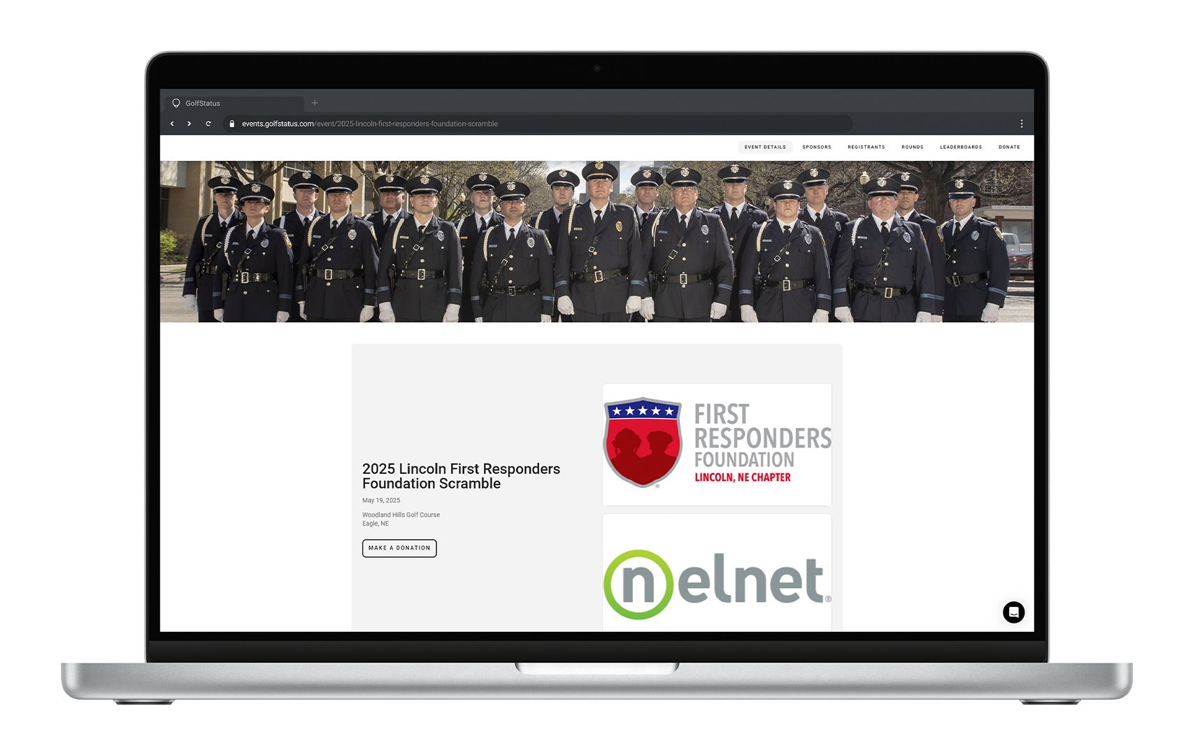 The homepage of a golf tournament website is shown on a laptop.