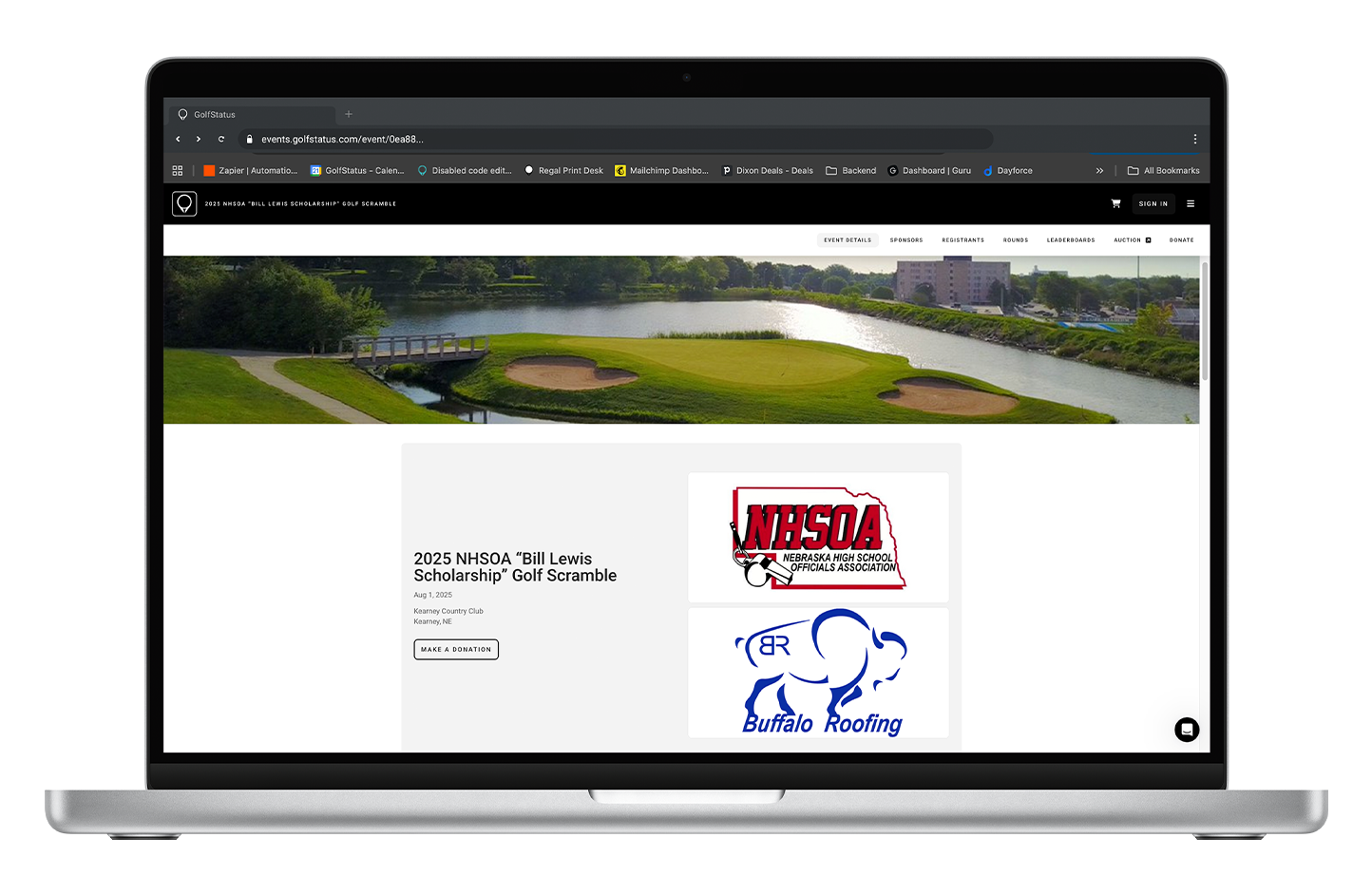 The Nebraska High School Officials Association golf tournament website is displayed on a laptop computer.
