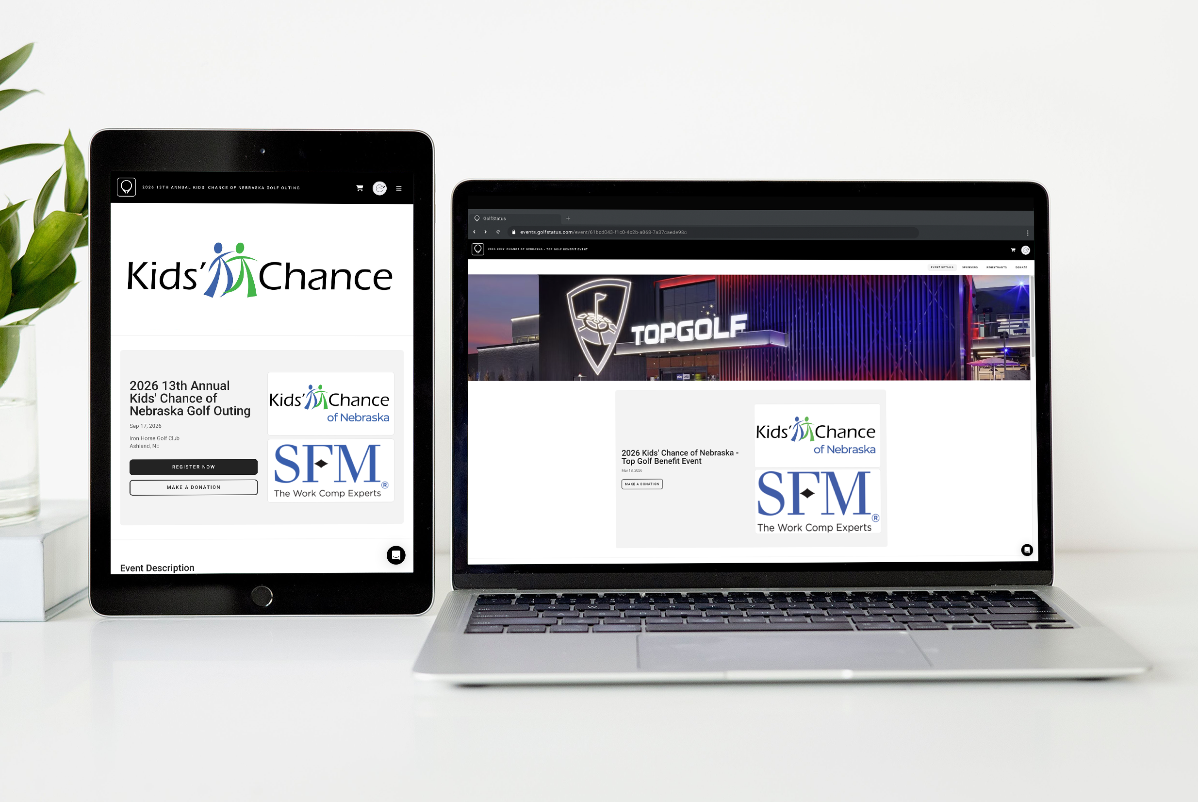 Screenshots of the Kids' Chance of Nebraska golf event websites are displayed on a tablet and laptop.