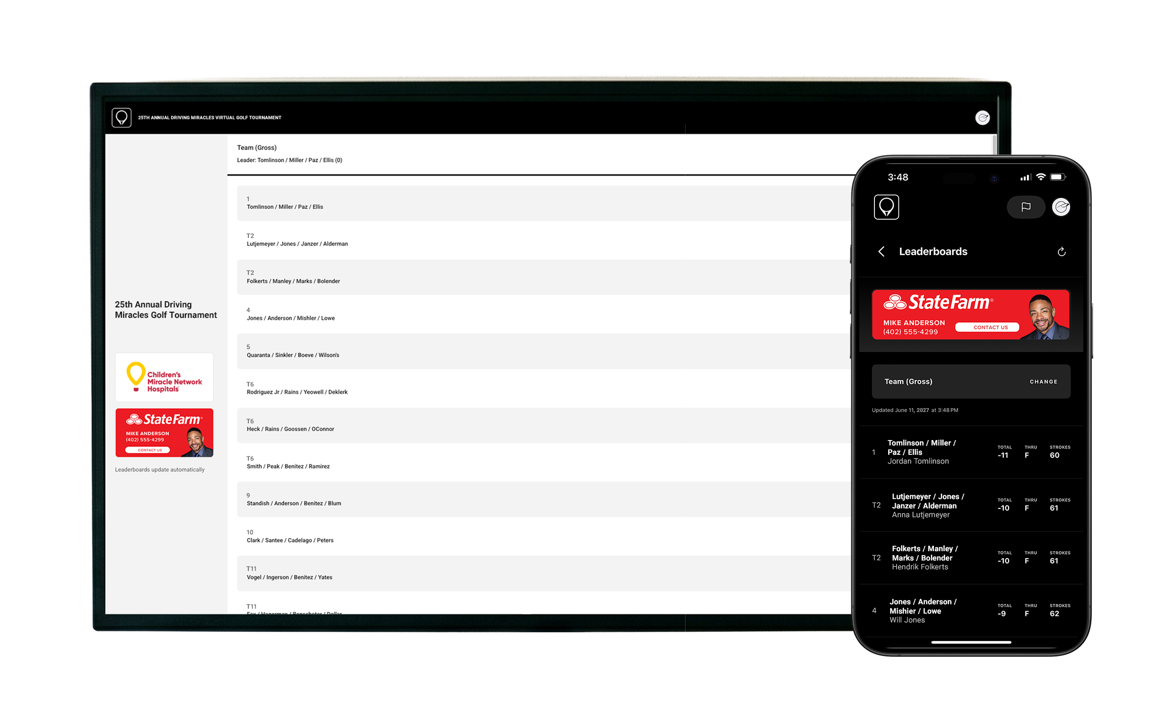 GolfStatus' Live leaderboards are displayed on a television screen and mobile phone.