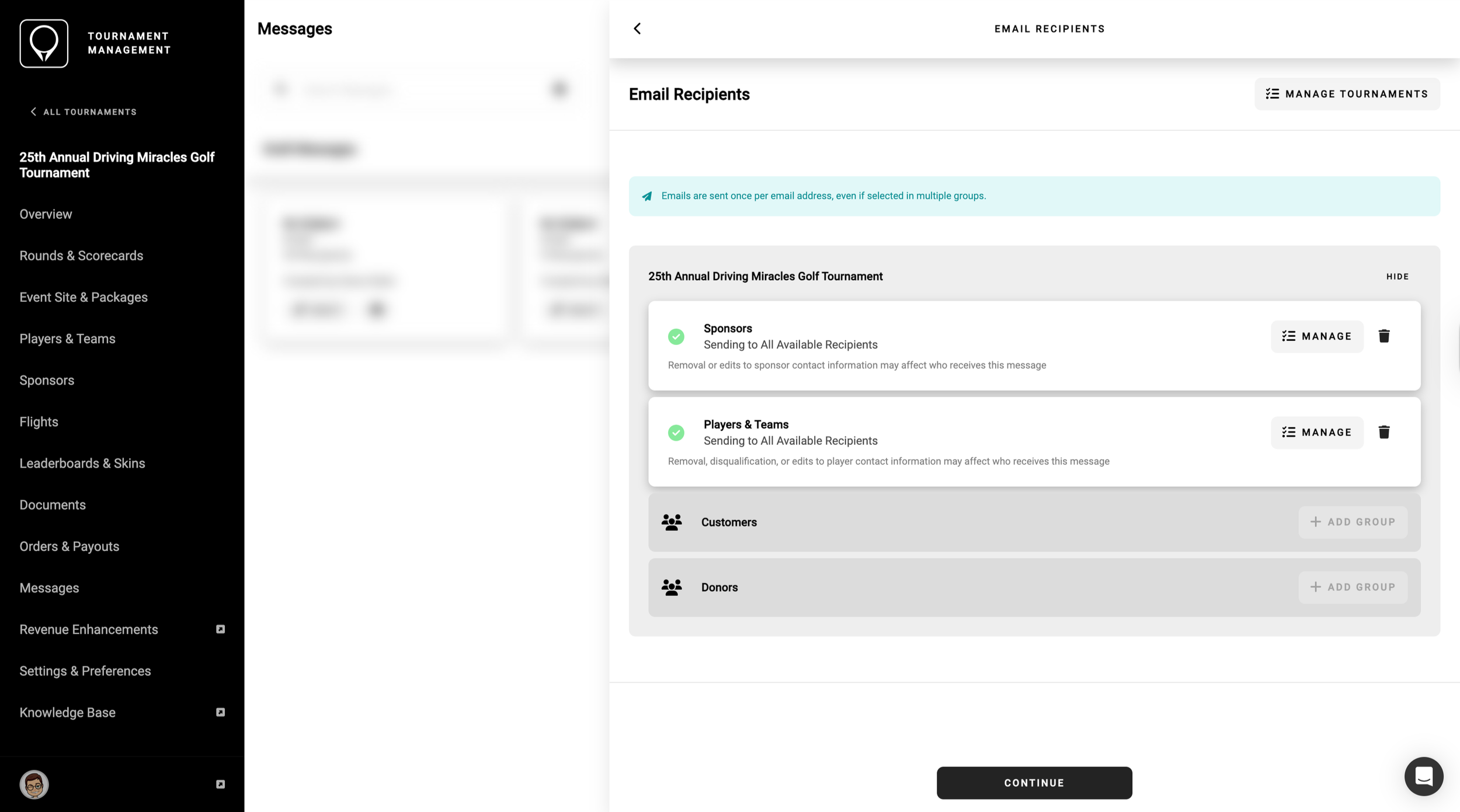 A screenshot of the GolfStatus software's messaging interface, showing how to choose recipients.