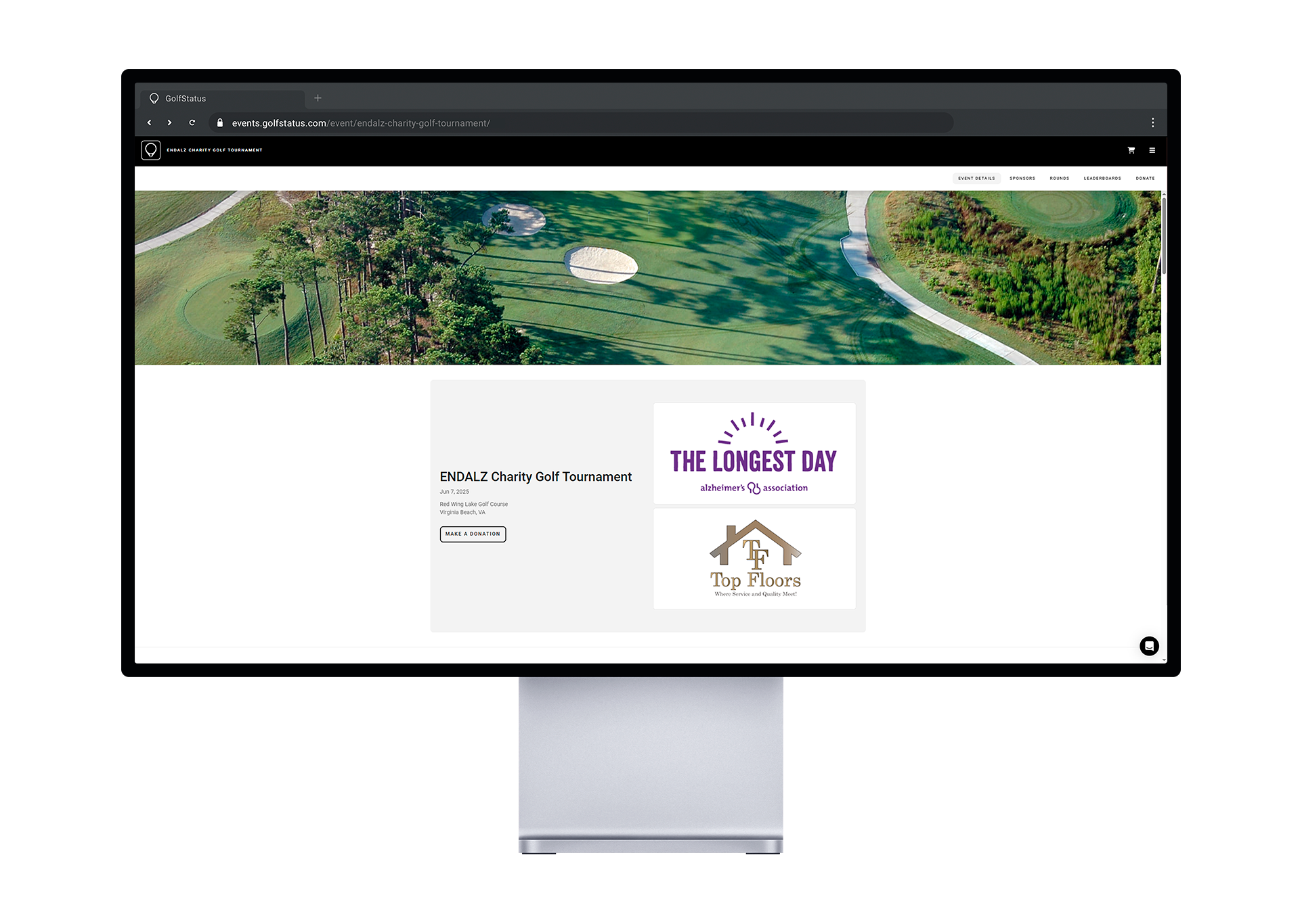 The homepage of a golf tournament website for a golf fundraiser hosted by a chapter of the Alzheimer's Association.