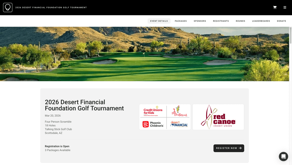 A screenshot of an event website for a large charity golf tournament.