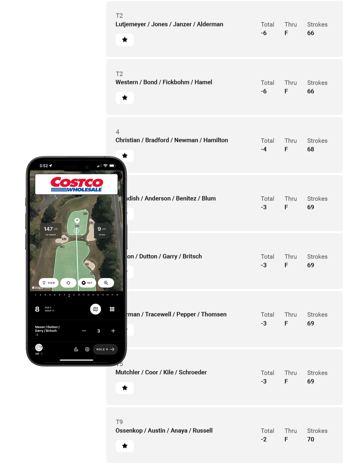 A live scoring app with a sponsor logo is shown in a mobile phone, over tournament standings from a live leaderboard.
