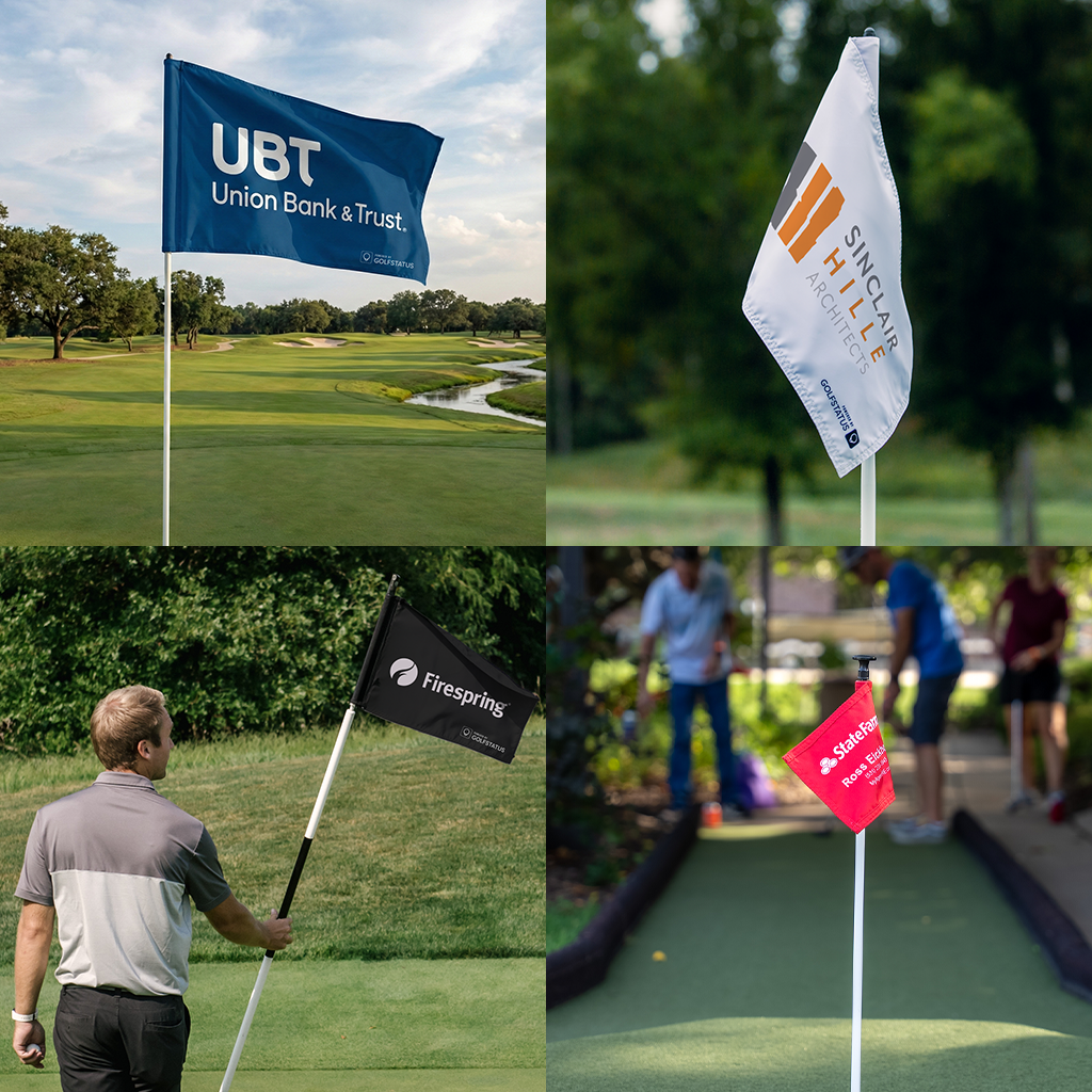 Four photos showing pin flag sponsorships at charity golf tournaments.