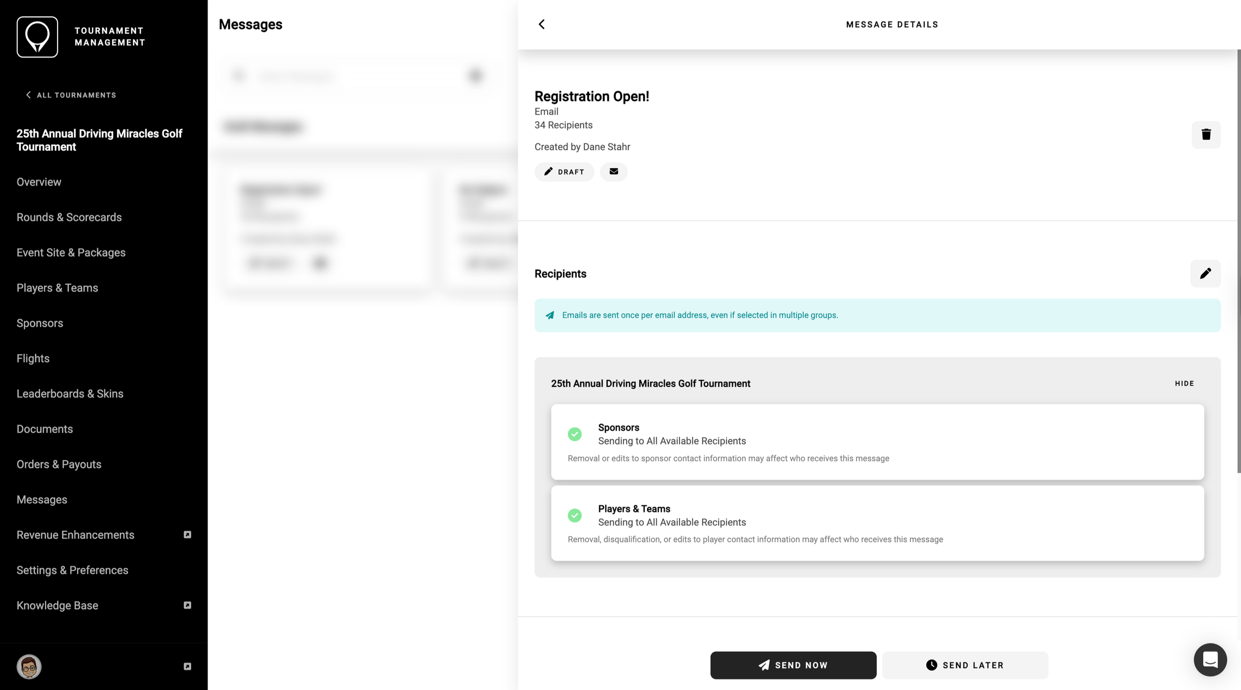 A screenshot of the GolfStatus software's messaging interface, showing how to draft a message.