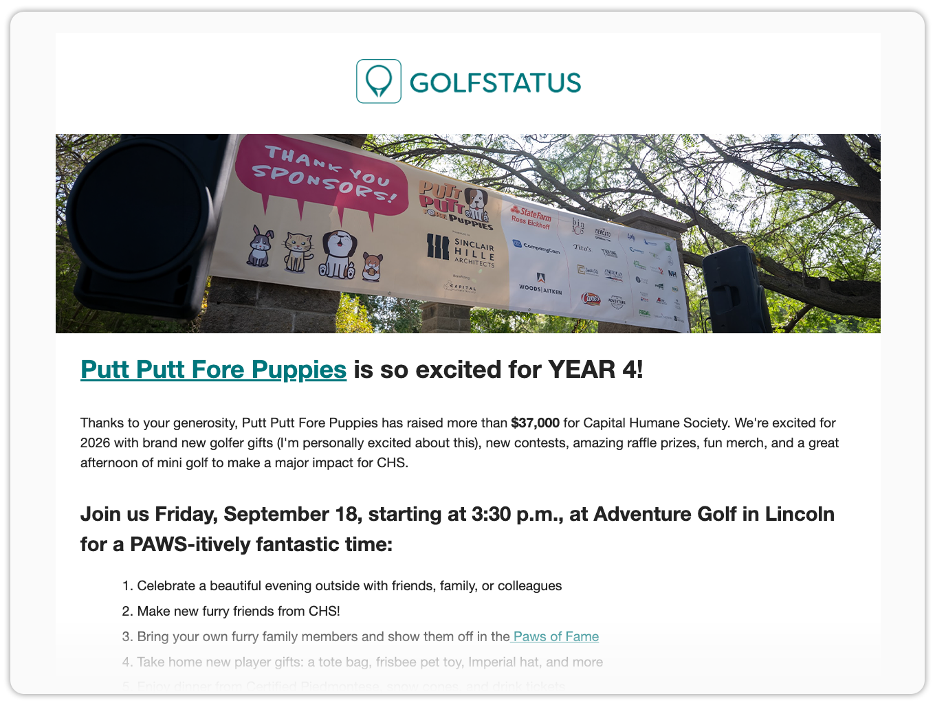 A screenshot of an email sent with GolfStatus' new messaging feature.