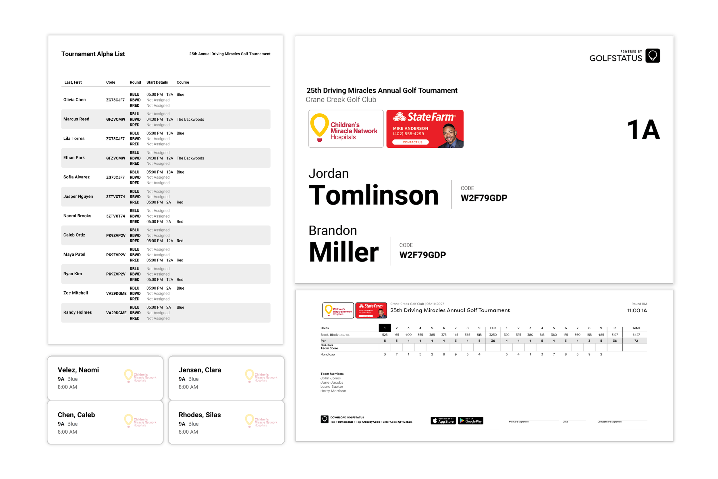 A screenshot of the pre-formatted printouts, including cart signs and scorecards, generated by GolfStatus' golf tournament software.