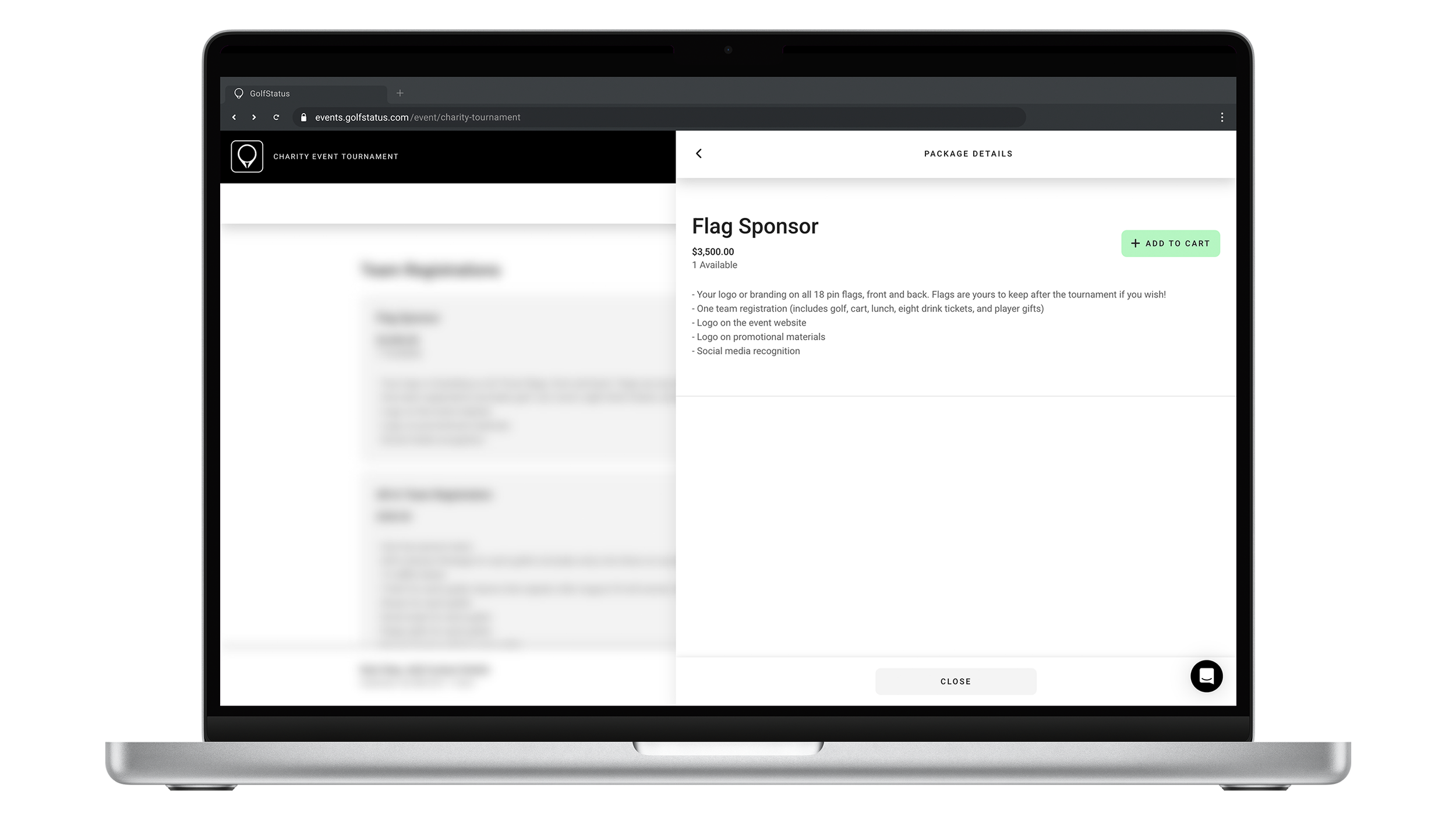A screenshot of a golf tournament website listing a pin flag sponsorship.