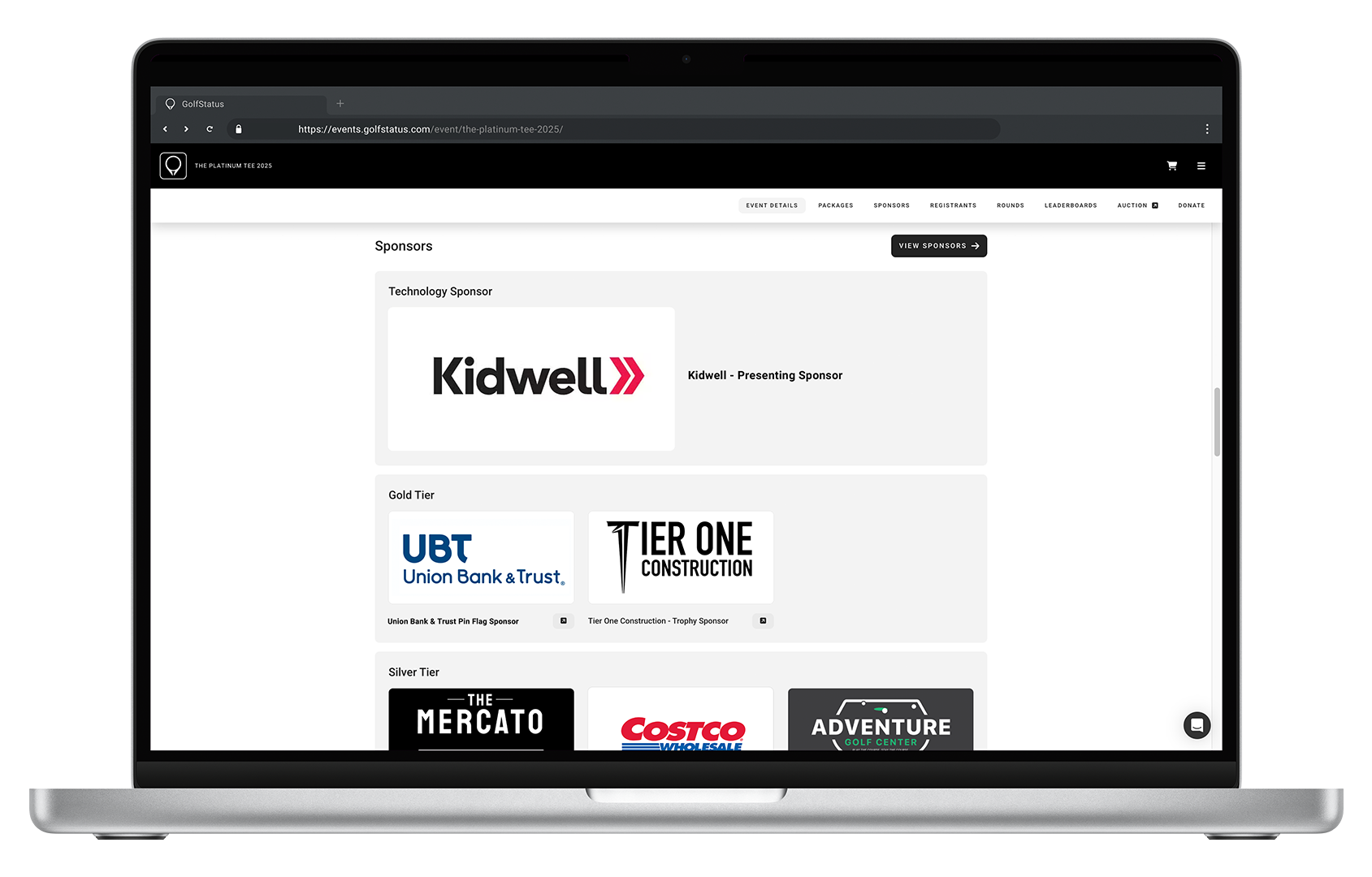The sponsors listing page of a golf tournament website is shown on a laptop computer.