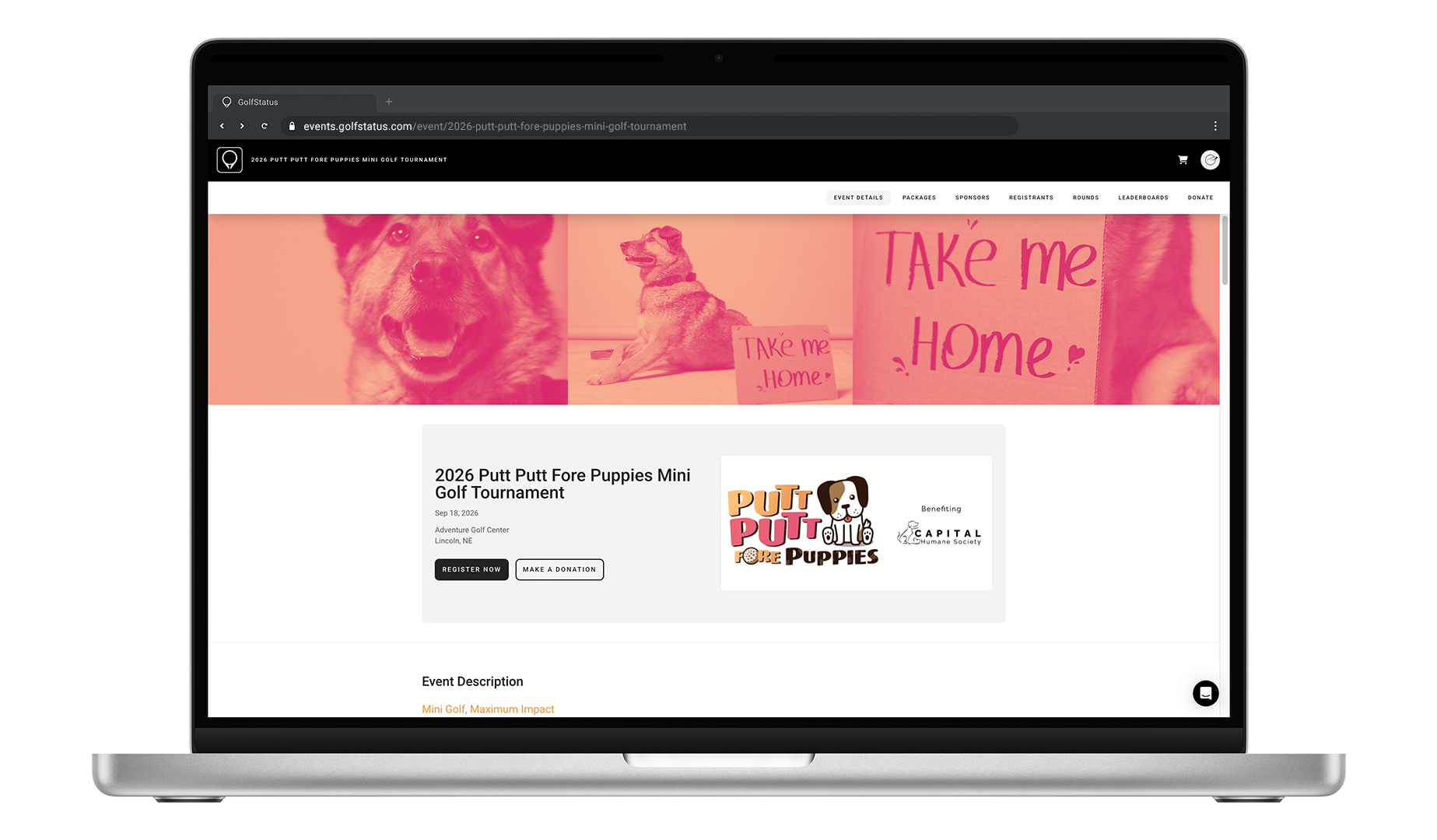 The homepage of the Putt Putt Fore Puppies mini golf tournament website is shown on a laptop computer.