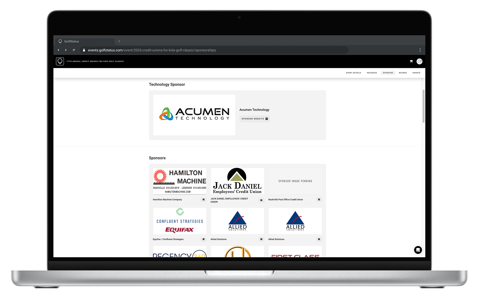 Sponsor logos on a golf tournament website are displayed on a laptop computer.