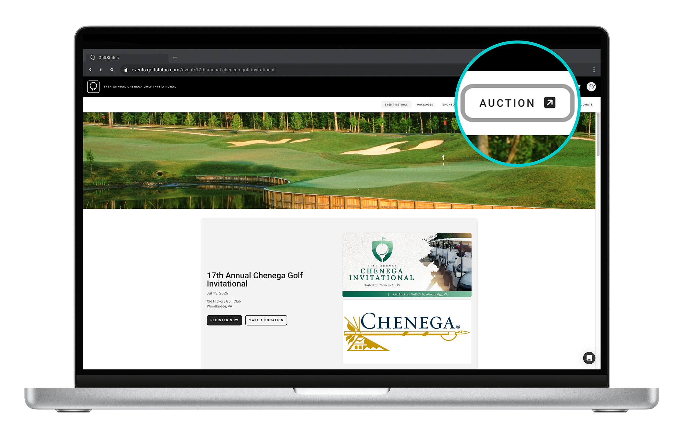 The homepage of a golf tournament website highlights a golf charity auction.