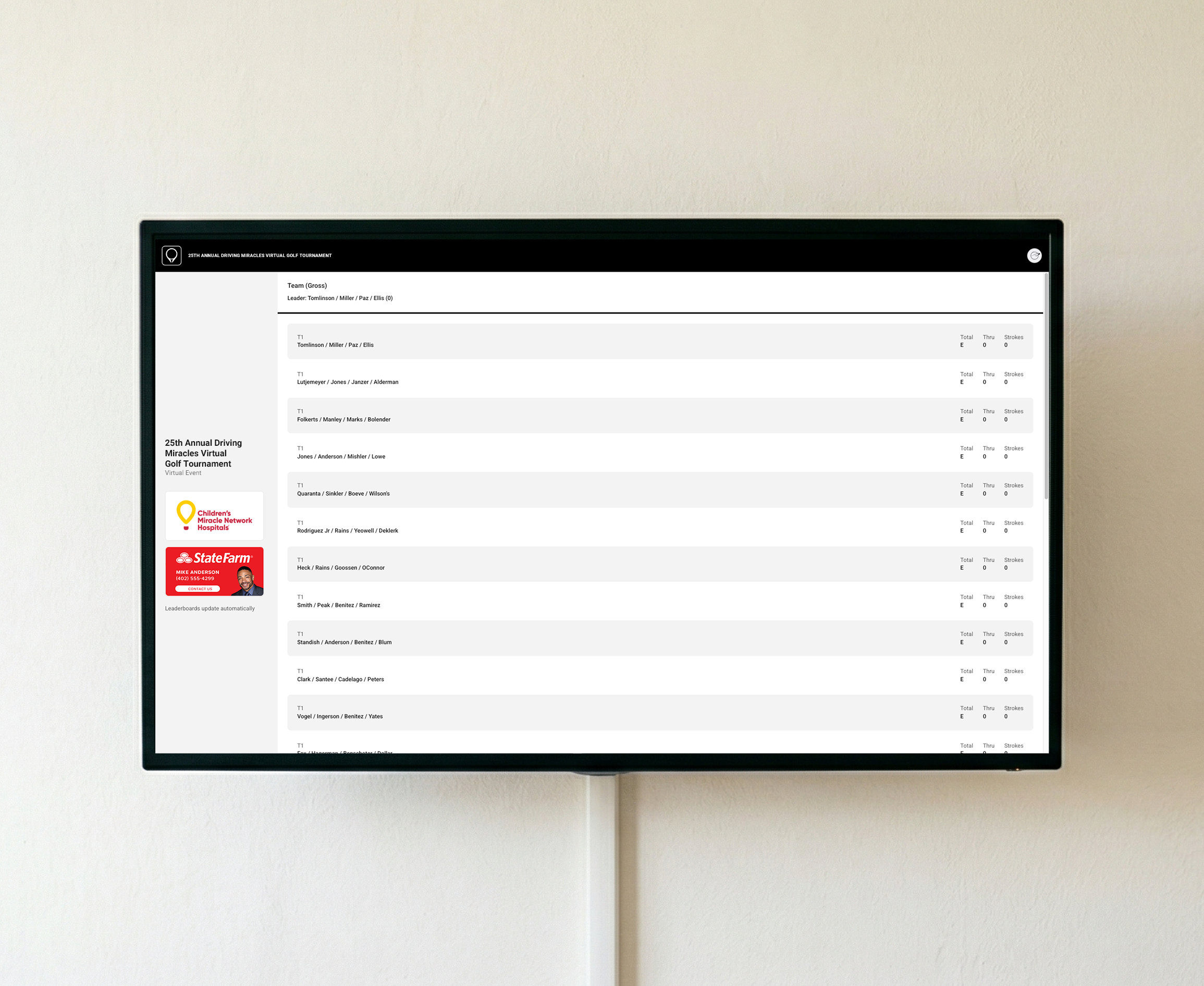 A virtual golf fundraiser live leaderboard is displayed on a screen.