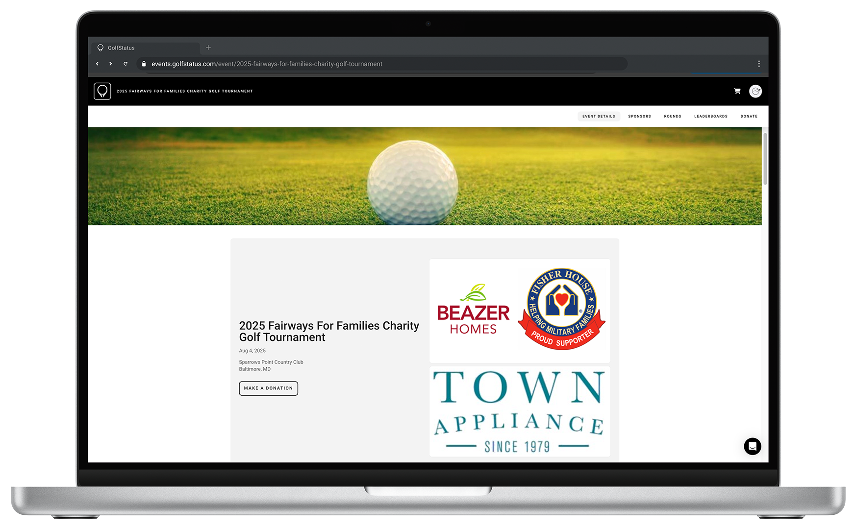 The home page of a corporate golf fundraiser website is displayed on a laptop computer.