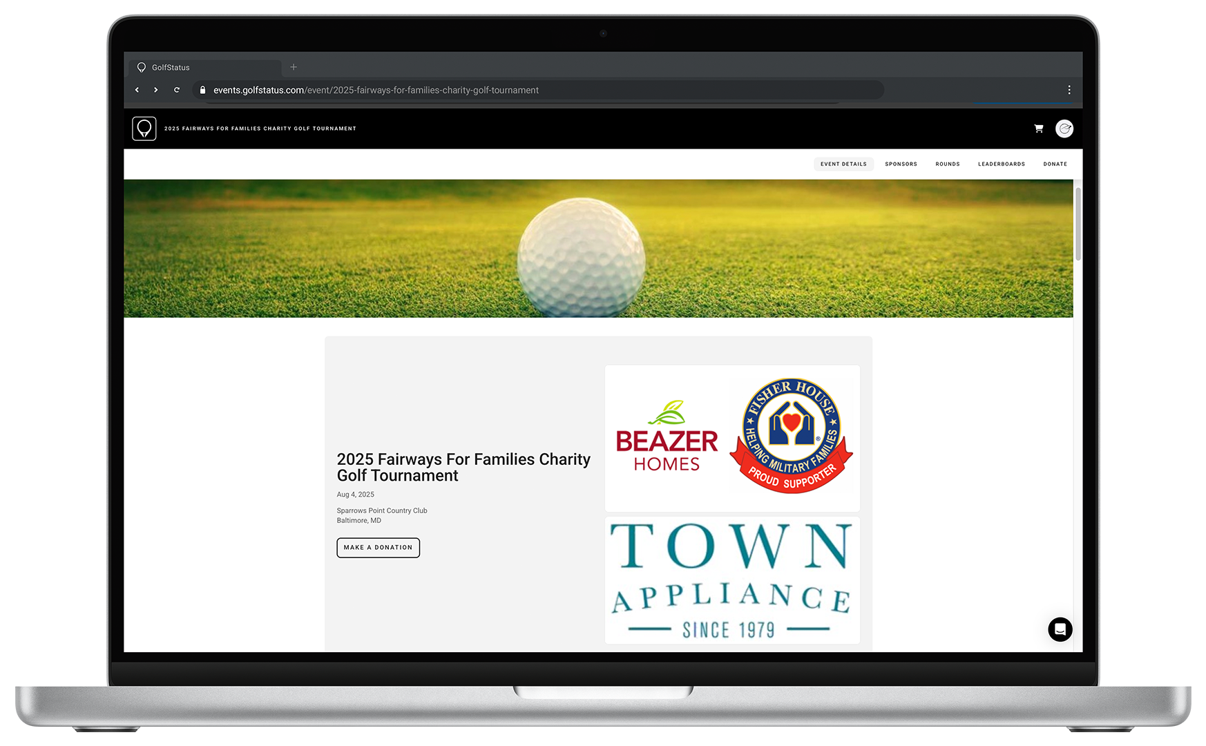 The home page of the Fairways for Families golf tournament website is displayed on a laptop computer.