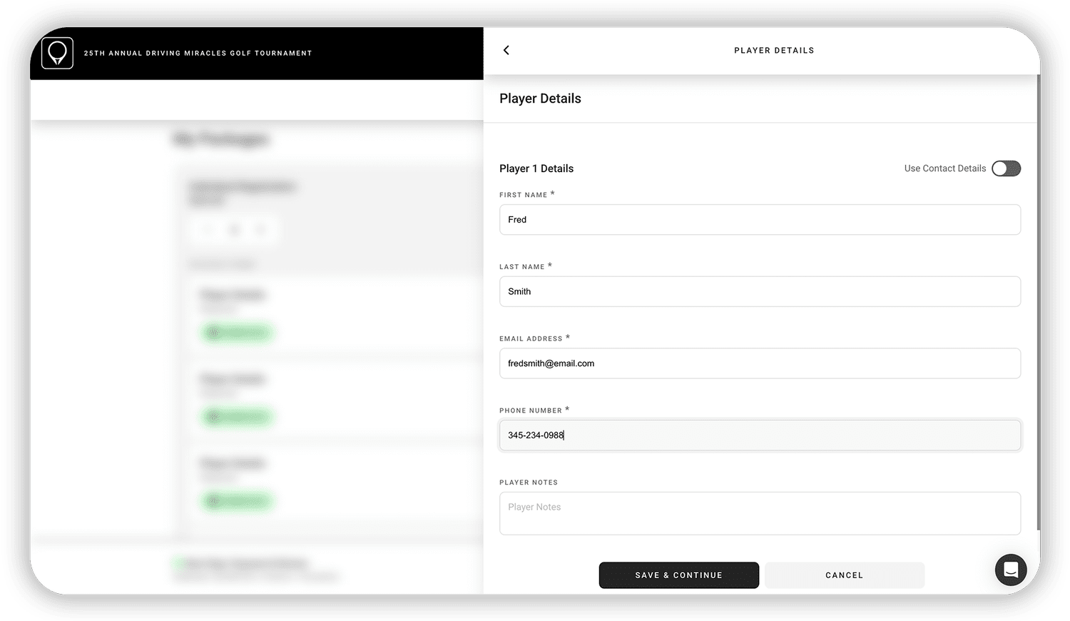 A screenshot of an online registration screen for a charity golf tournament.