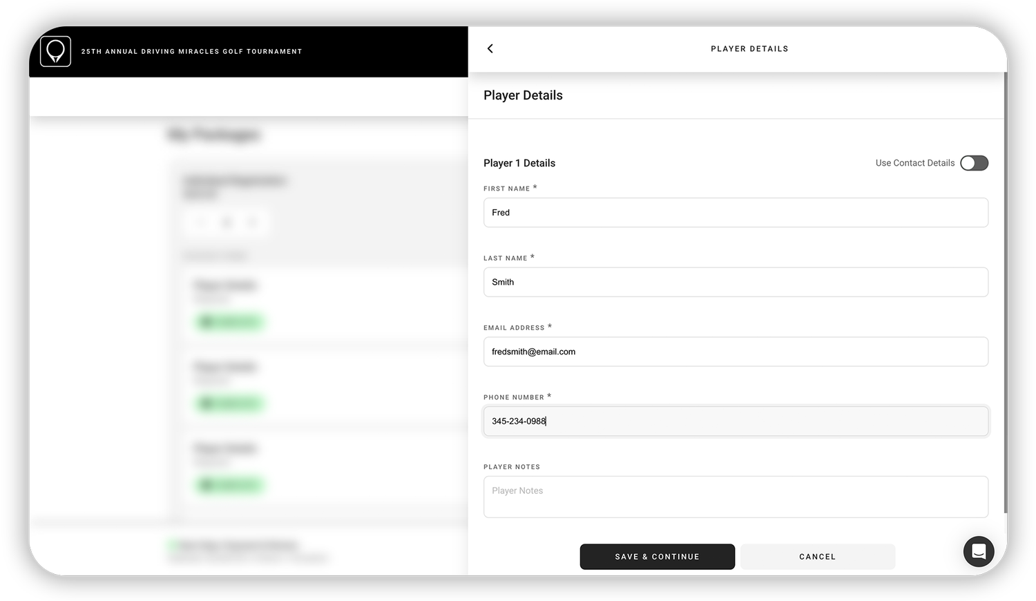 A screenshot of an online golf tournament registration form on an event website.
