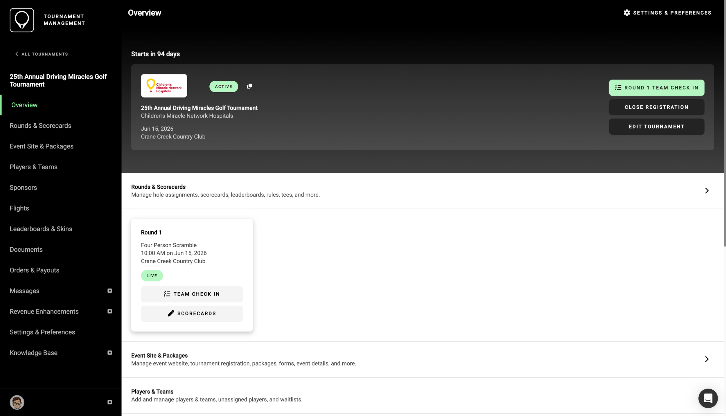 A screenshot of the Tournament Overview Screen in the GolfStatus Software.