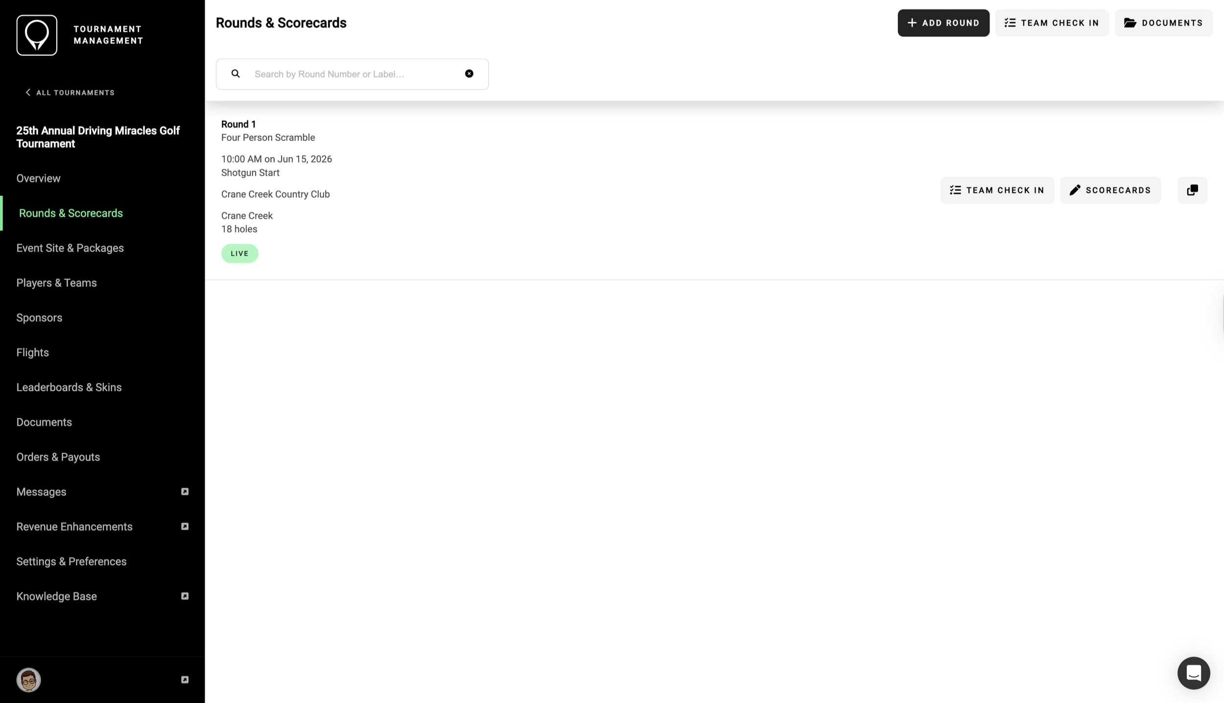 A screenshot of the Rounds and Scorecards screen in the GolfStatus Software.