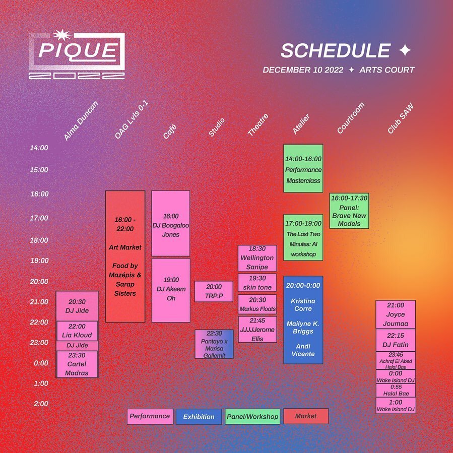 #Pique winter edition schedule is here! ✨
5 stages, multiple art installations, 25 art and food vendors, panels and workshops &ndash; all happening under one roof next Sat Dec 10  @artscourt
 
As always, Pique is all-ages and pay-what-you-can! Get ti