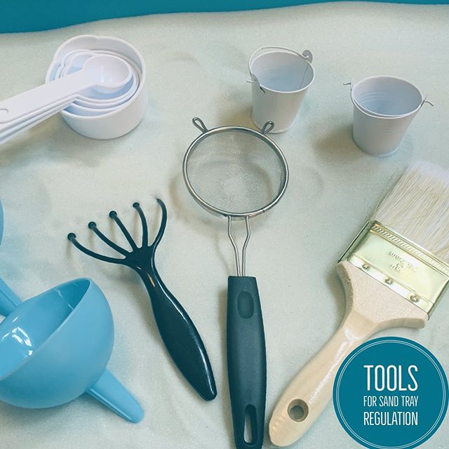 *swipe over &amp; sound on* Here are a few tool ideas to use in the Sand Tray for 𝘙𝘦𝘨𝘶𝘭𝘢𝘵𝘪𝘰𝘯! ⁣⁣⁣
⁣⁣⁣
An important tool that is not shown here is our hands and arms. Each  tool can be utilized for regulation &amp; during the process of buil