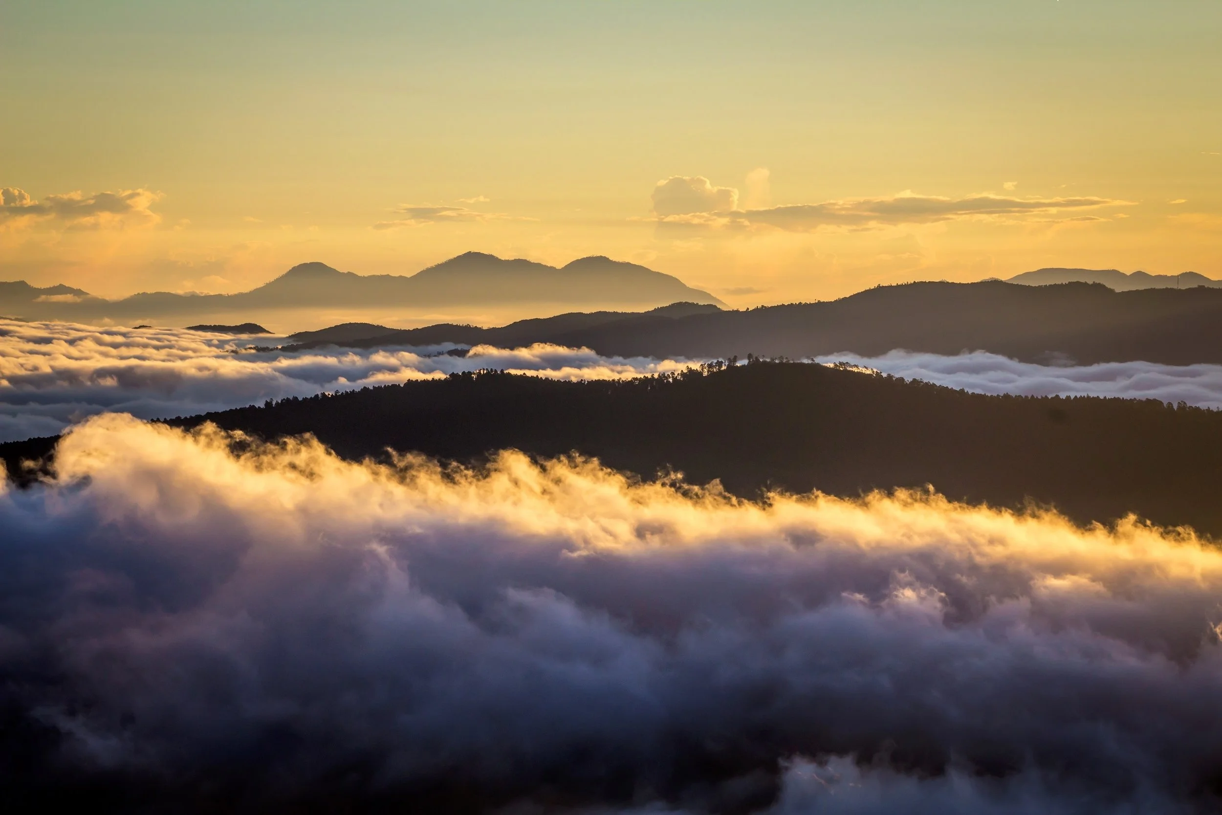 Cama de nubes y al fondo los rayos del sol amaneciendo 
