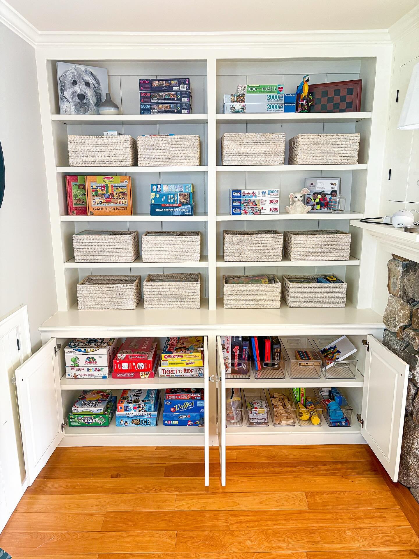 A little progress photos of our playroom swap project in Falmouth. It was obvious the current playroom wasn&rsquo;t big enough for these three kids, so we made a big move of the toys to the living room. We still are waiting on the arts + crafts table