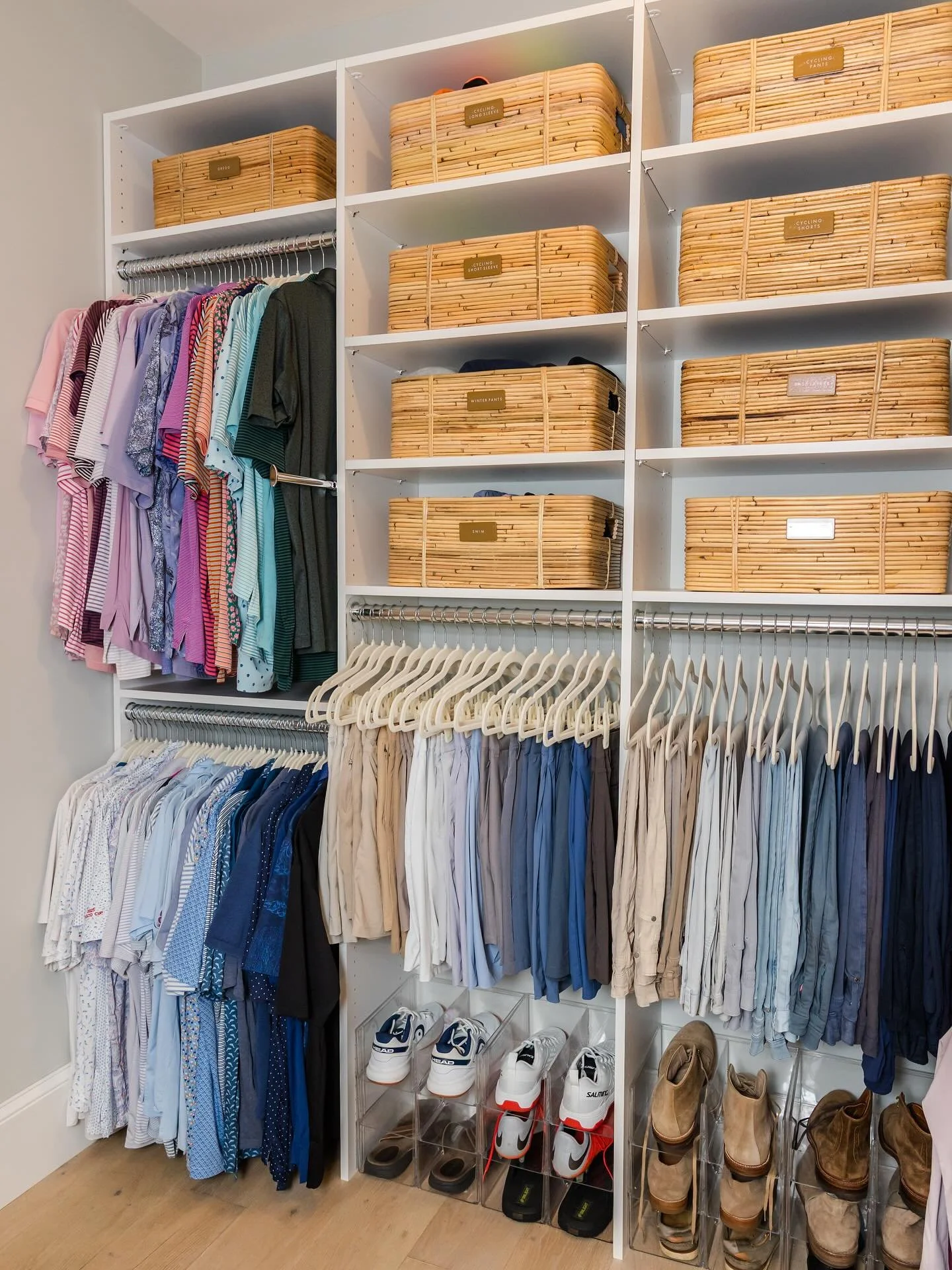 Primary closet reveal at our recent Cumberland whole home project. 👀

We took two separate walk in closets from different levels of the house and turned them into one shared dream closet. Swipe for the before &mdash; it&rsquo;s rewarding to see how 