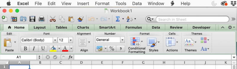 Menu and Ribbon sections of Microsoft Excel 2011 for Mac